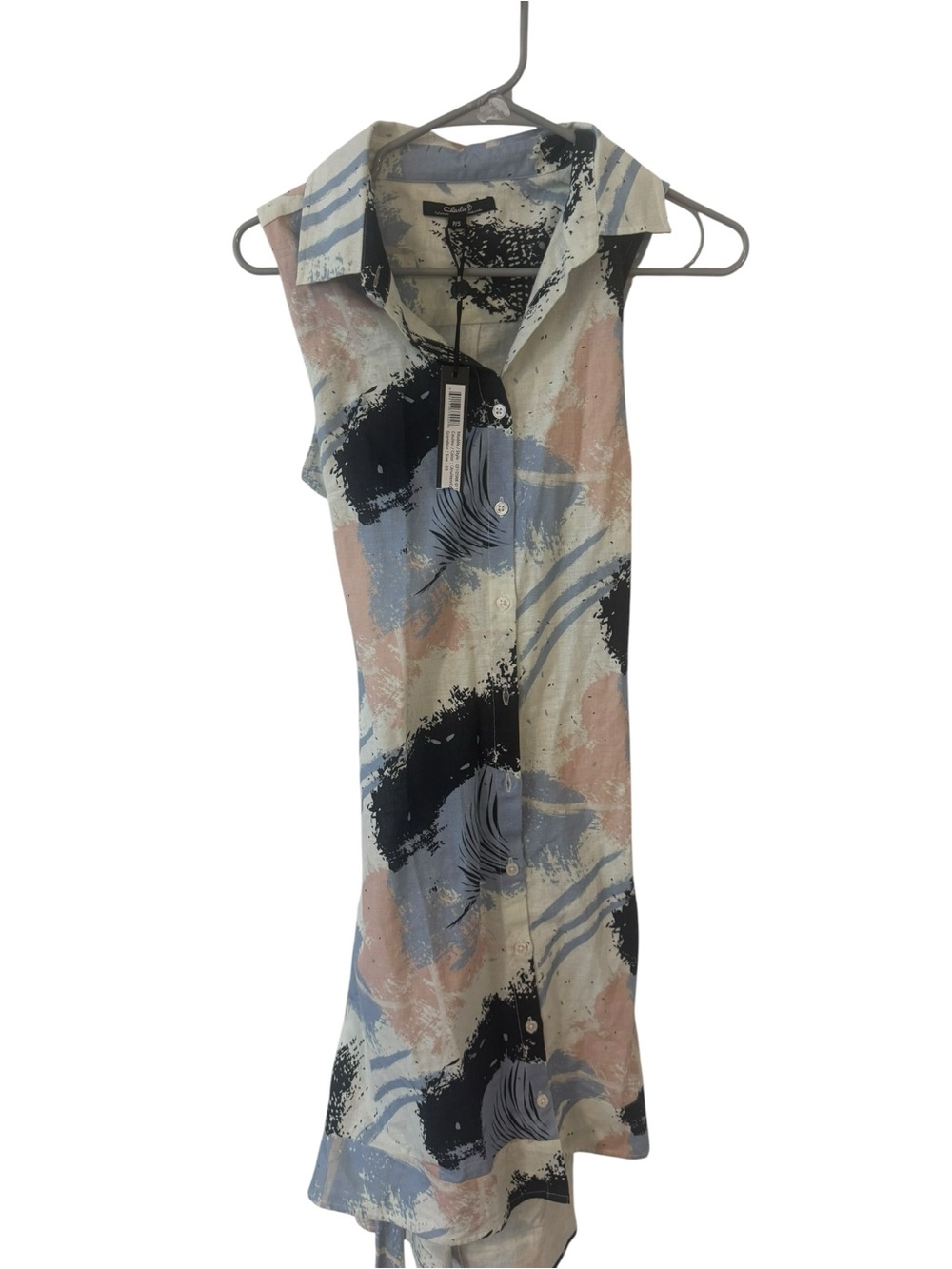 Charlie B Sleeveless Button-DownDress in Blue, Pink & Black linen size small NWT